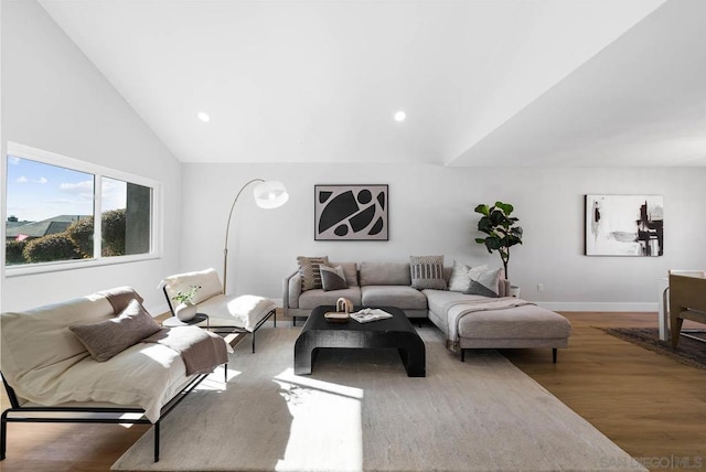 living room featuring wood-type flooring and vaulted ceiling