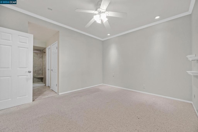 unfurnished bedroom with ceiling fan, crown molding, connected bathroom, and a closet