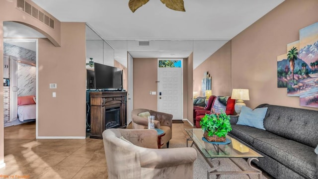 living room with ceiling fan