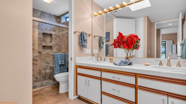 bathroom with vanity, a skylight, toilet, and walk in shower