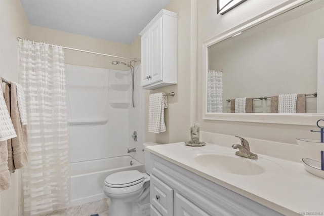 full bathroom featuring vanity, toilet, and shower / bathtub combination with curtain