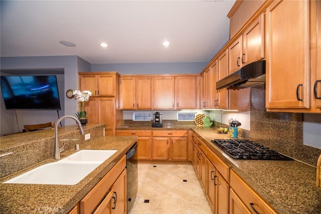 kitchen with tasteful backsplash, black dishwasher, sink, and gas stovetop