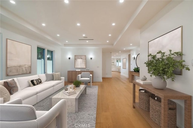 living room featuring a raised ceiling and light hardwood / wood-style flooring