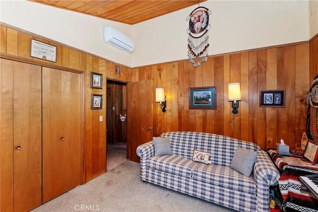 living room featuring a wall mounted air conditioner, wooden ceiling, wooden walls, a towering ceiling, and light colored carpet