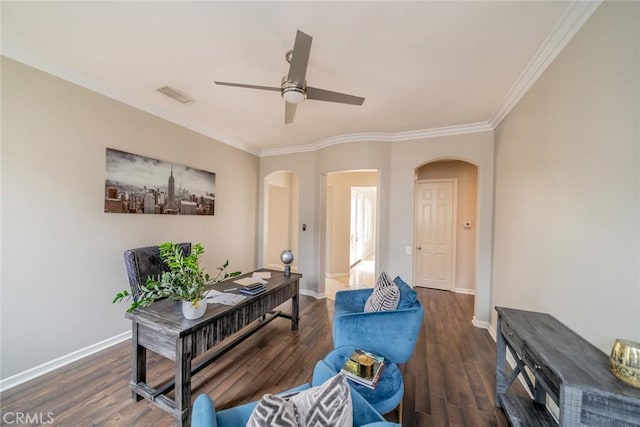 living room with ceiling fan, dark hardwood / wood-style floors, and ornamental molding