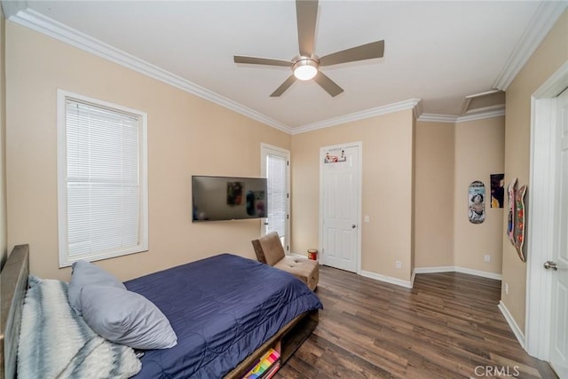 bedroom with dark hardwood / wood-style floors, ceiling fan, and ornamental molding