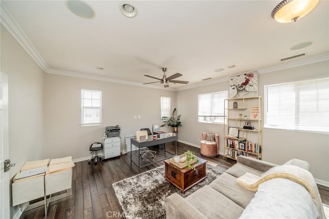 living room featuring dark hardwood / wood-style flooring, ceiling fan, and crown molding