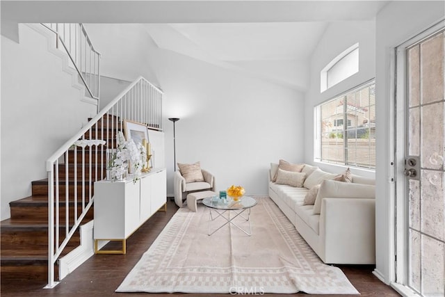 living room with dark hardwood / wood-style flooring and high vaulted ceiling