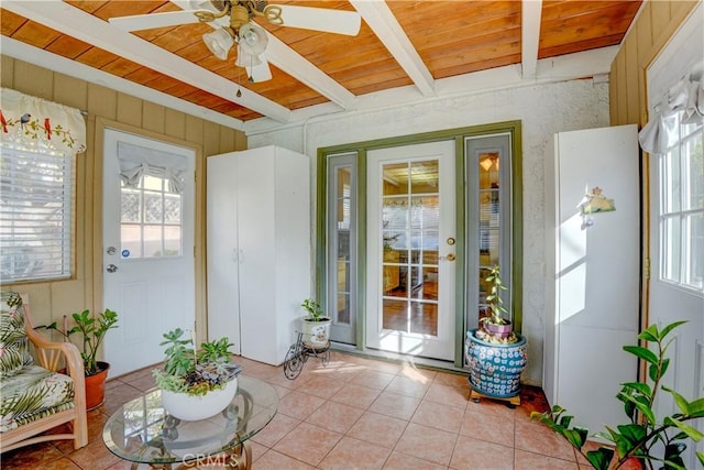 sunroom / solarium with ceiling fan, beamed ceiling, and wooden ceiling