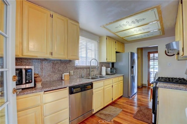 kitchen featuring light wood-type flooring, backsplash, stainless steel appliances, sink, and range hood