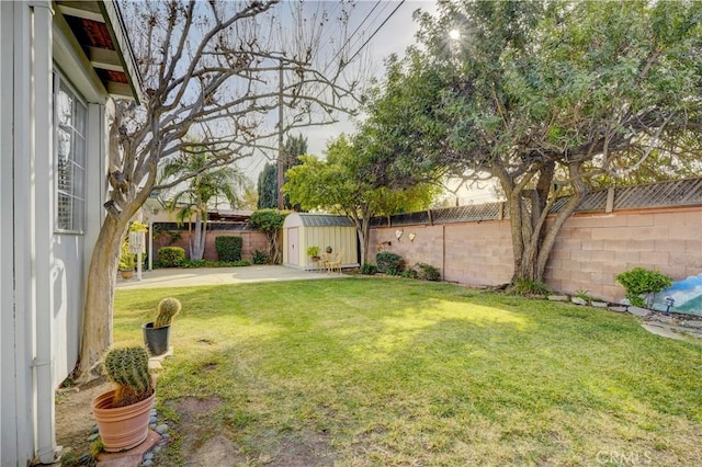 view of yard featuring a fenced backyard, an outbuilding, and a storage shed