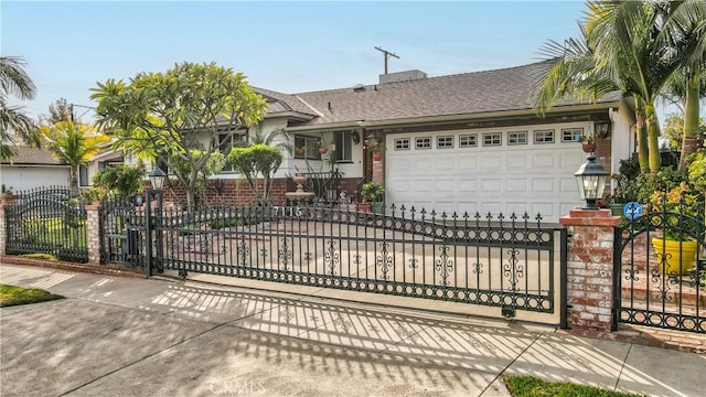 view of front of home with a shingled roof, brick siding, a fenced front yard, and an attached garage