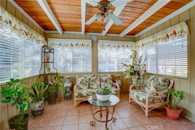 sunroom / solarium with beamed ceiling, a wealth of natural light, and wood ceiling