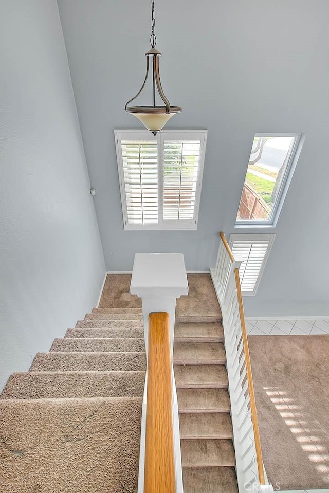 staircase featuring a wealth of natural light and carpet floors