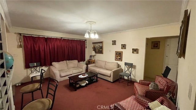 living room featuring carpet, ornamental molding, and a chandelier