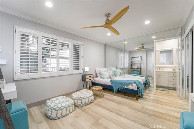 bedroom featuring light wood-style floors, baseboards, crown molding, and recessed lighting
