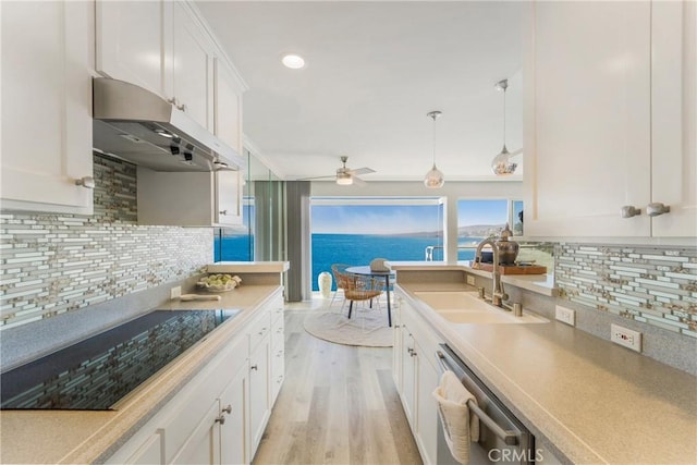 kitchen featuring decorative backsplash, black electric cooktop, under cabinet range hood, a sink, and dishwasher