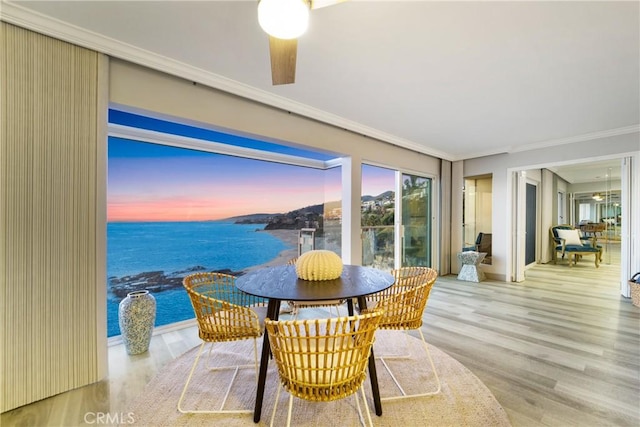 dining area with crown molding, a water view, a ceiling fan, and wood finished floors