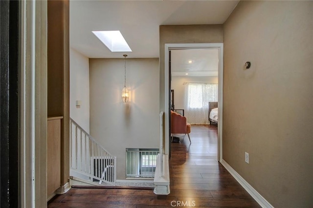 hall featuring a skylight and dark hardwood / wood-style floors