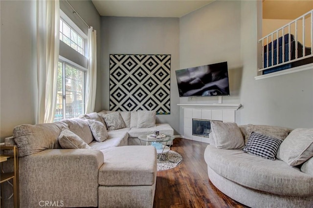 living room with a fireplace and wood-type flooring