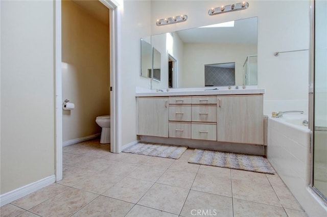 full bathroom with tile patterned flooring, vanity, toilet, and vaulted ceiling