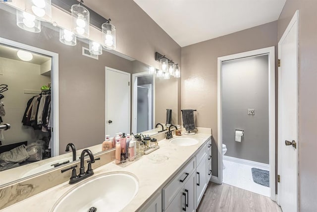 bathroom with hardwood / wood-style floors, vanity, and toilet