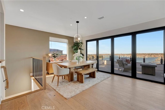 dining space featuring light hardwood / wood-style floors and a water view