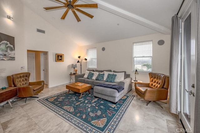 living room featuring beamed ceiling, high vaulted ceiling, and ceiling fan