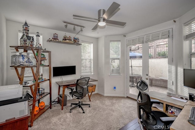 carpeted office with ceiling fan, rail lighting, and a wealth of natural light