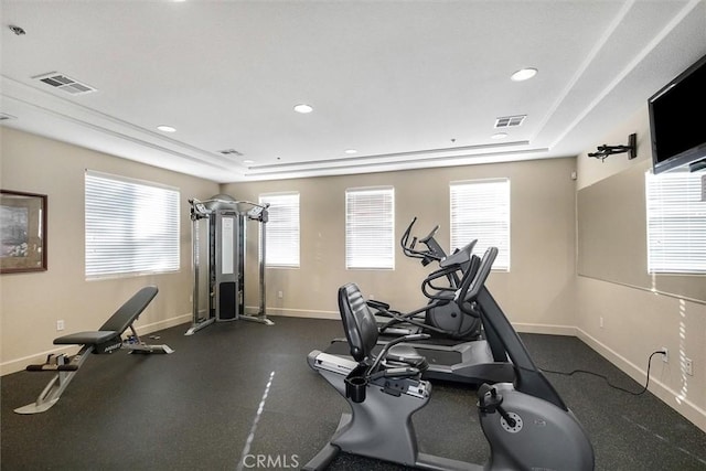 exercise room featuring a raised ceiling