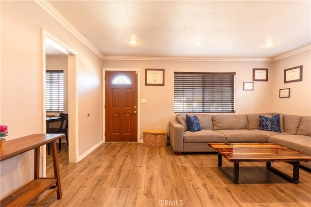 living room with light wood-type flooring and ornamental molding