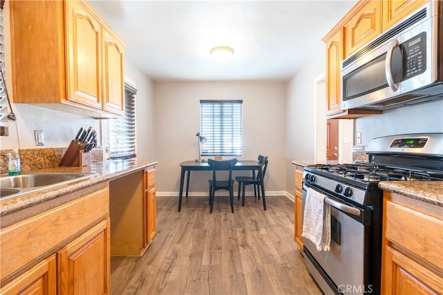 kitchen with light hardwood / wood-style floors, light brown cabinets, and appliances with stainless steel finishes