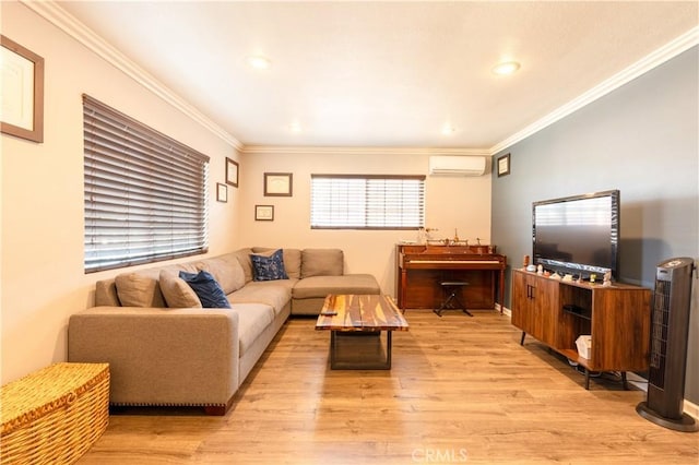 living room with a wall unit AC, crown molding, and light hardwood / wood-style flooring