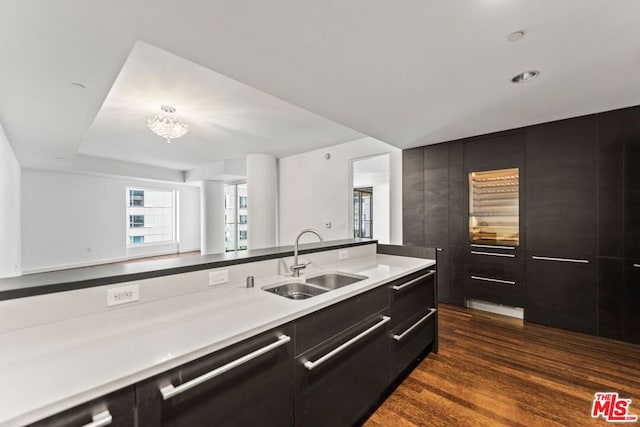 kitchen featuring an inviting chandelier, dark hardwood / wood-style floors, stainless steel dishwasher, and sink