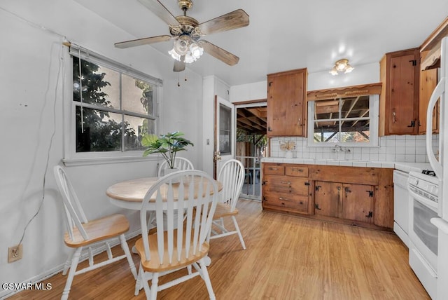 kitchen with backsplash, ceiling fan, sink, and light hardwood / wood-style floors