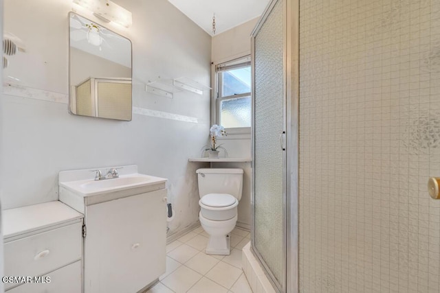 bathroom featuring vanity, tile patterned flooring, ceiling fan, toilet, and walk in shower