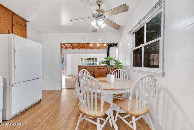 dining space with light hardwood / wood-style flooring and ceiling fan