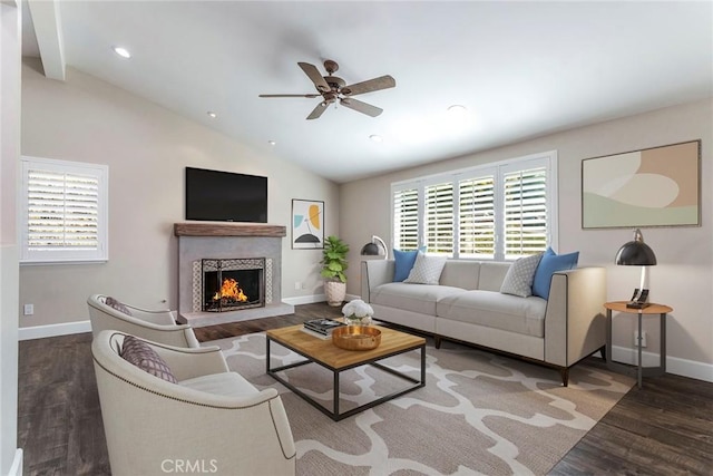 living room featuring vaulted ceiling with beams, plenty of natural light, and dark wood-type flooring