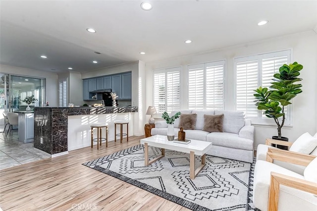 living room with plenty of natural light, ornamental molding, and light hardwood / wood-style flooring