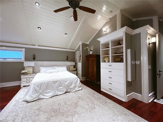 bedroom with dark wood-type flooring, ceiling fan, lofted ceiling, and wood ceiling