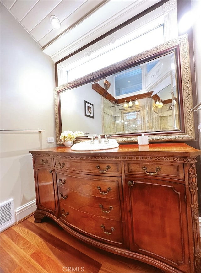 bathroom featuring wood-type flooring and vanity