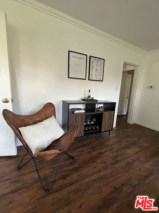 living area with dark hardwood / wood-style flooring and ornamental molding