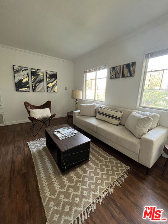 living room featuring dark hardwood / wood-style flooring and ornamental molding