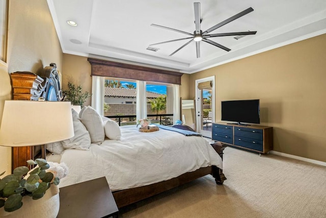 bedroom featuring a raised ceiling, ceiling fan, crown molding, and light carpet