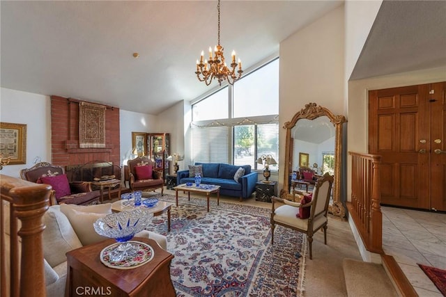 living area featuring a chandelier, high vaulted ceiling, light tile patterned floors, and a brick fireplace