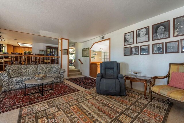 living room featuring a textured ceiling