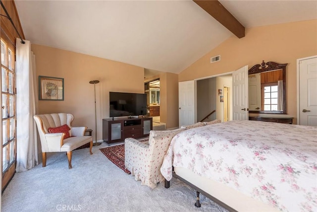 carpeted bedroom featuring vaulted ceiling with beams and visible vents