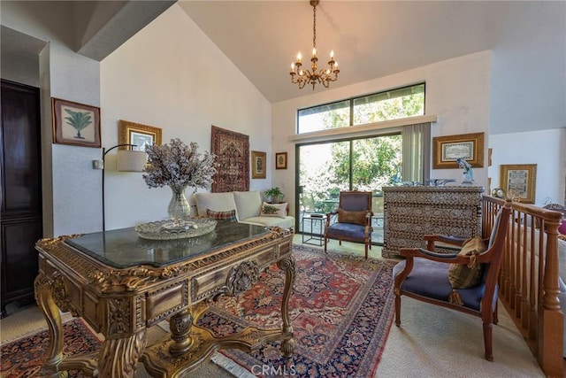 sitting room featuring light carpet, high vaulted ceiling, and an inviting chandelier