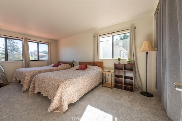 bedroom featuring light carpet