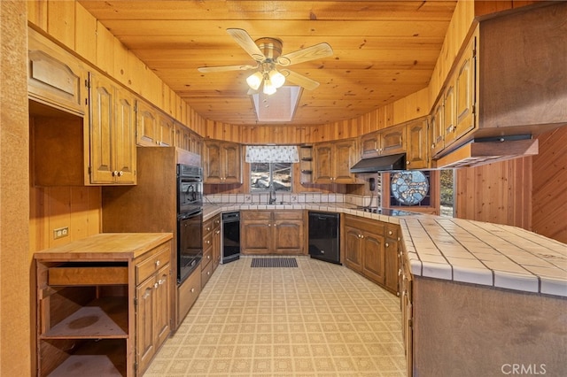 kitchen with sink, tile counters, wooden ceiling, and black appliances